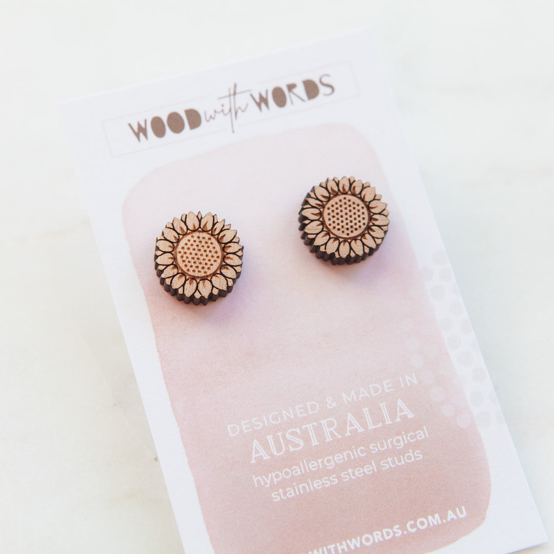 Sunflower Wooden Stud Earrings - Wood With Words