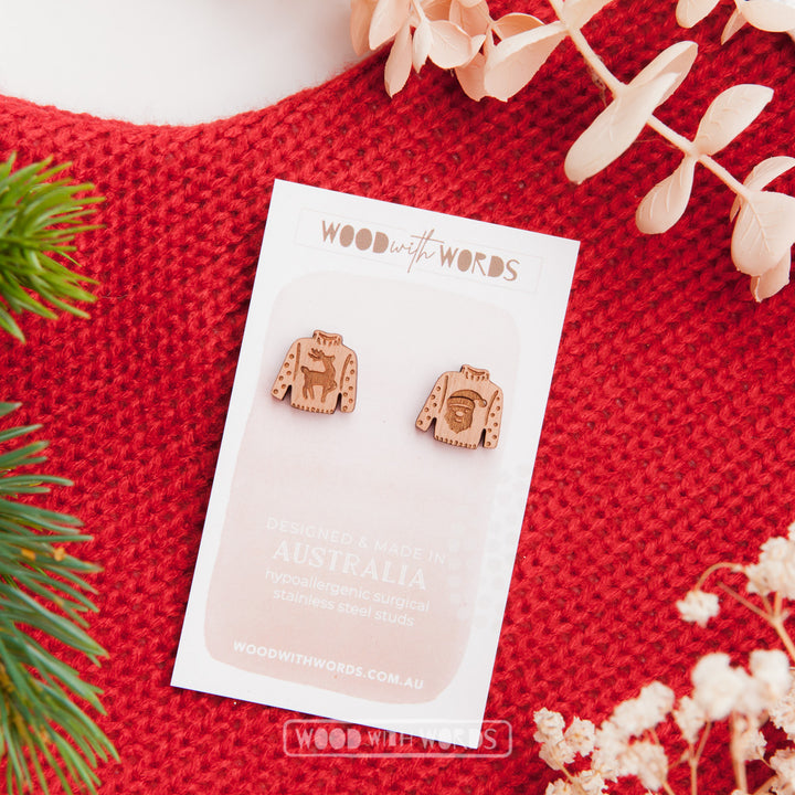 Christmas Jumper Sweater Wooden Stud Earrings