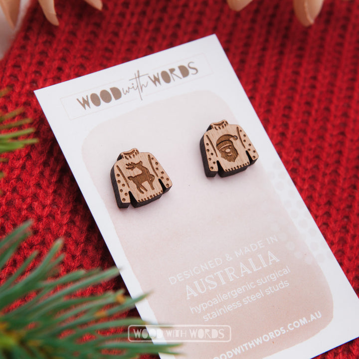 Christmas Jumper Sweater Wooden Stud Earrings