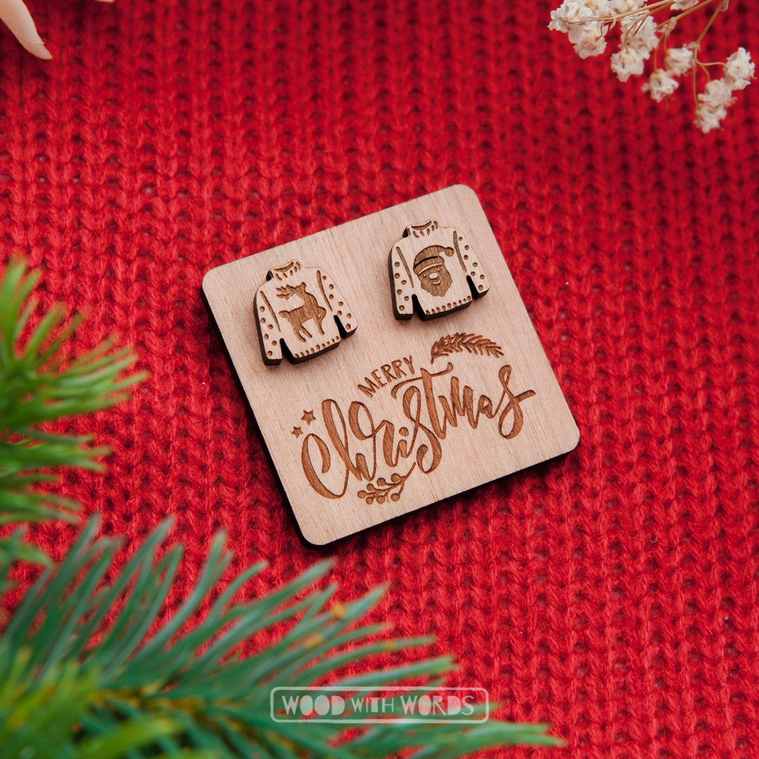 Christmas Jumper Sweater Wooden Stud Earrings