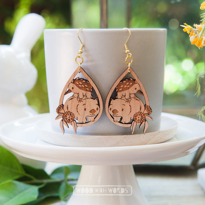 Wombat Echidna Dangle Earrings - Wood With Words
