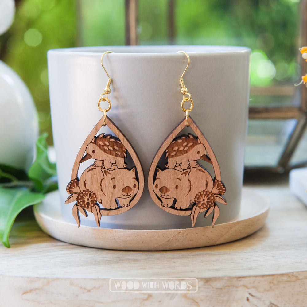 Wombat Echidna Dangle Earrings - Wood With Words