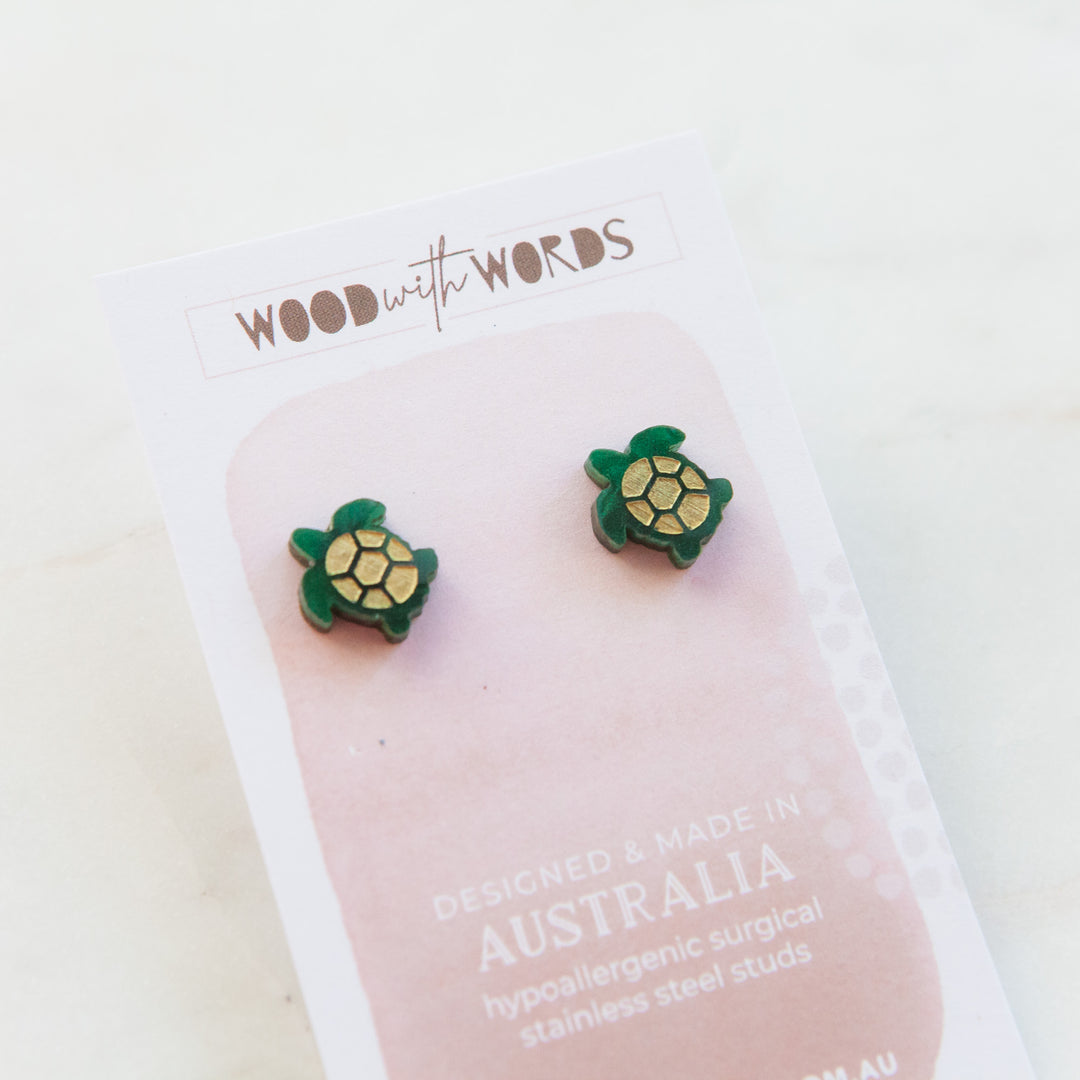 Green Sea Turtle Stud Earrings - Wood With Words
