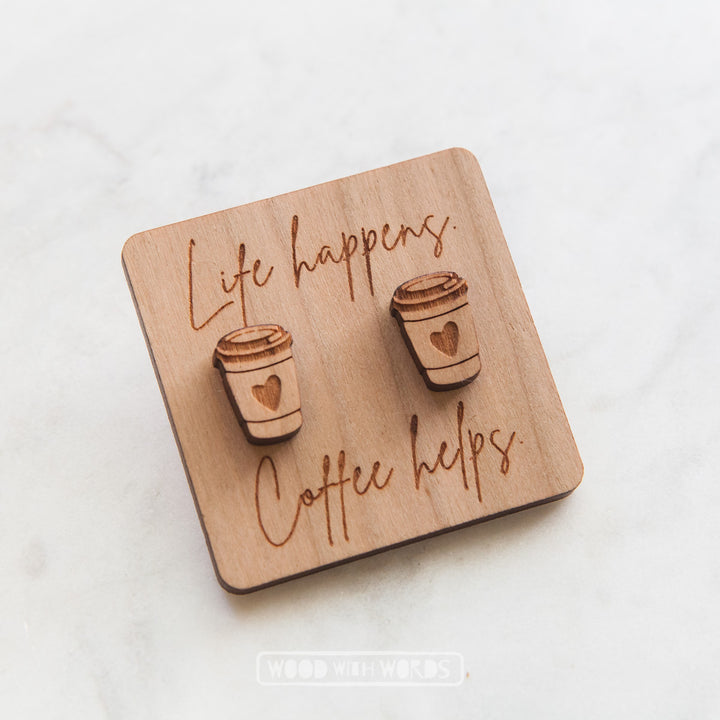 Coffee Cup Wooden Stud Earrings - Wood With Words