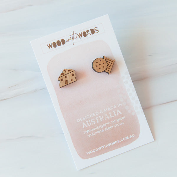 Cheese Crackers Wooden Stud Earrings