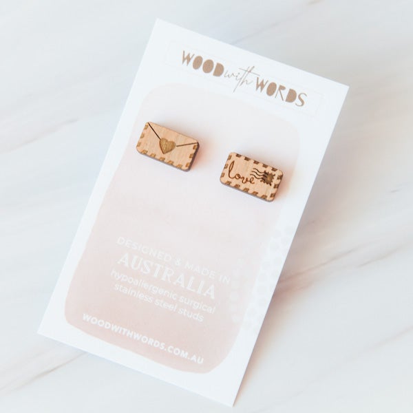Love Letters Envelope Wooden Stud Earrings